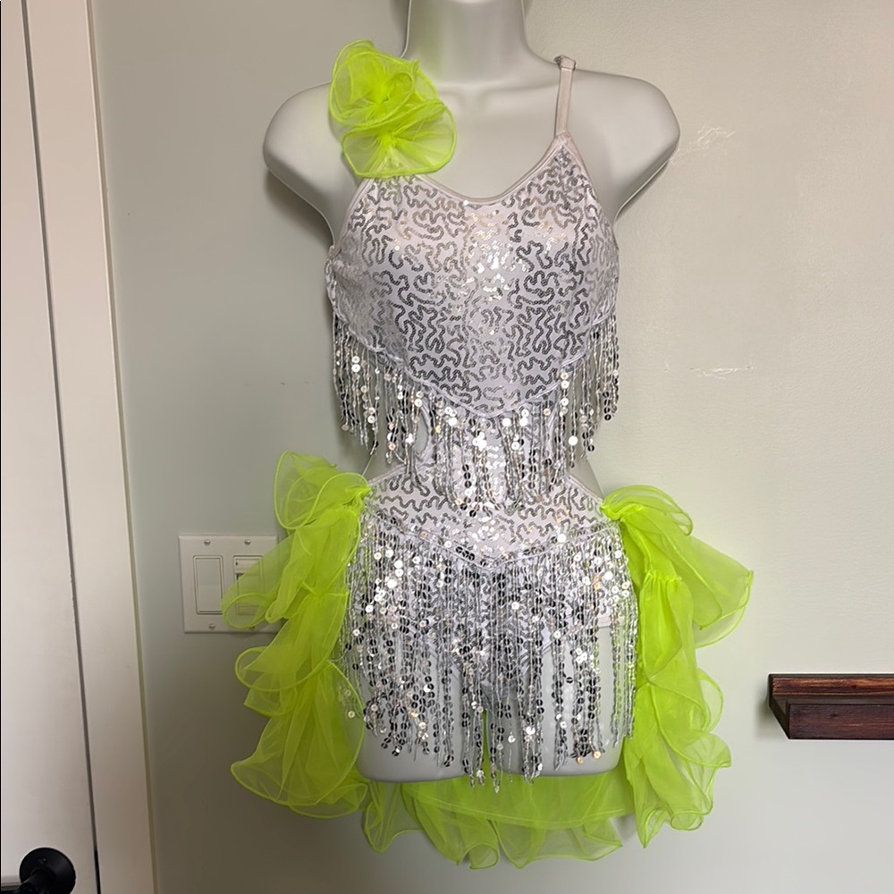 White and Green Dance Costume with Sequin Sparkle